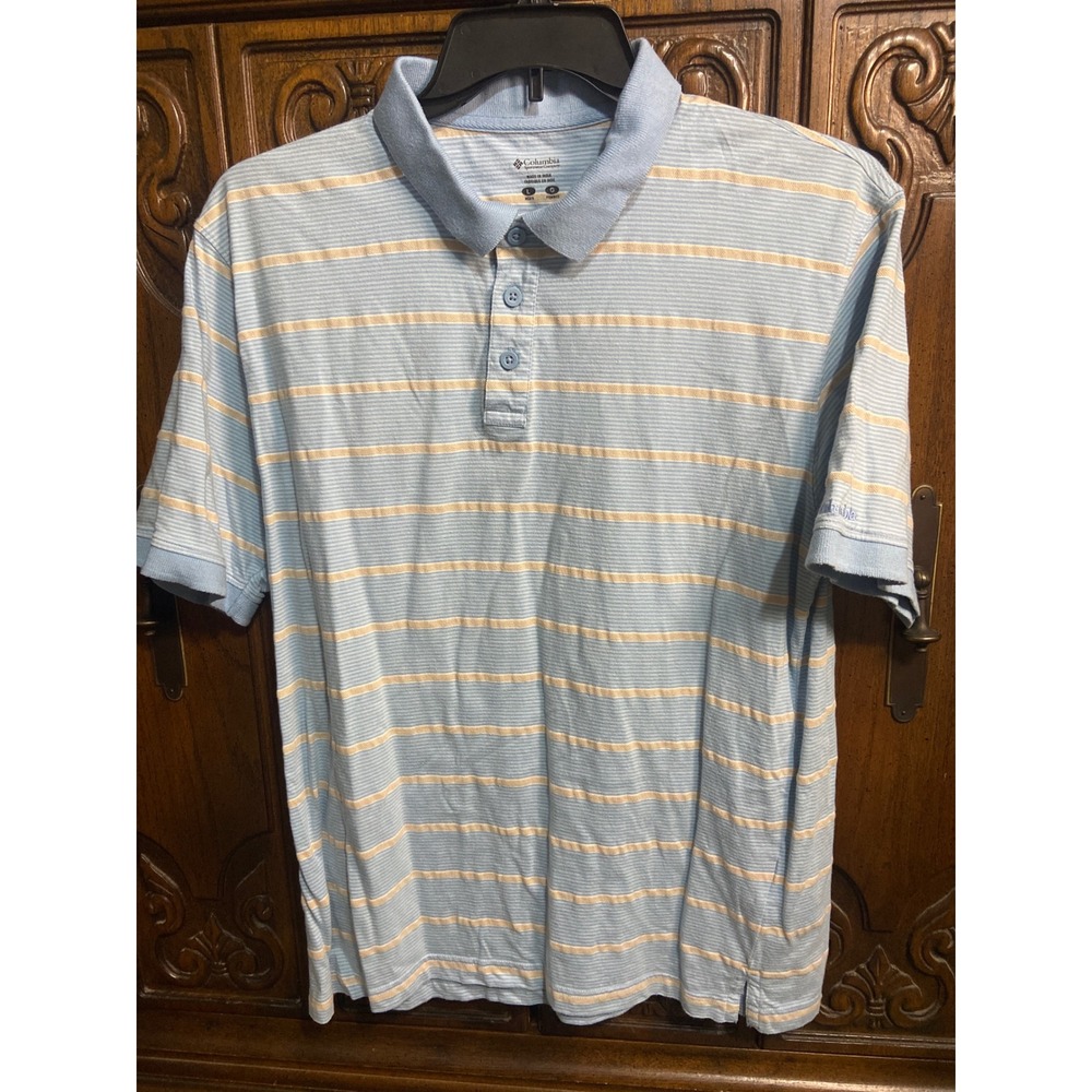 Columbia Mens Blue Tan Striped Short Sleeve Cotton Polo Shirt AM2681 Large